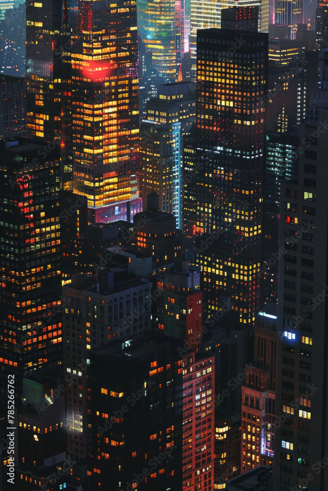 Fototapeta premium A closeup of skyscrapers in a city during nighttime using a telephoto lens