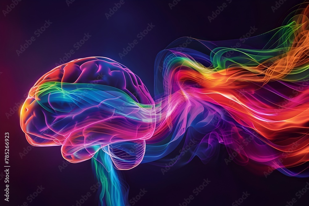 Fototapeta premium A colorful brain with a rainbow of colors flowing out of it. The brain is surrounded by a colorful stream of light, giving the impression of a brain on fire. Concept of energy and excitement