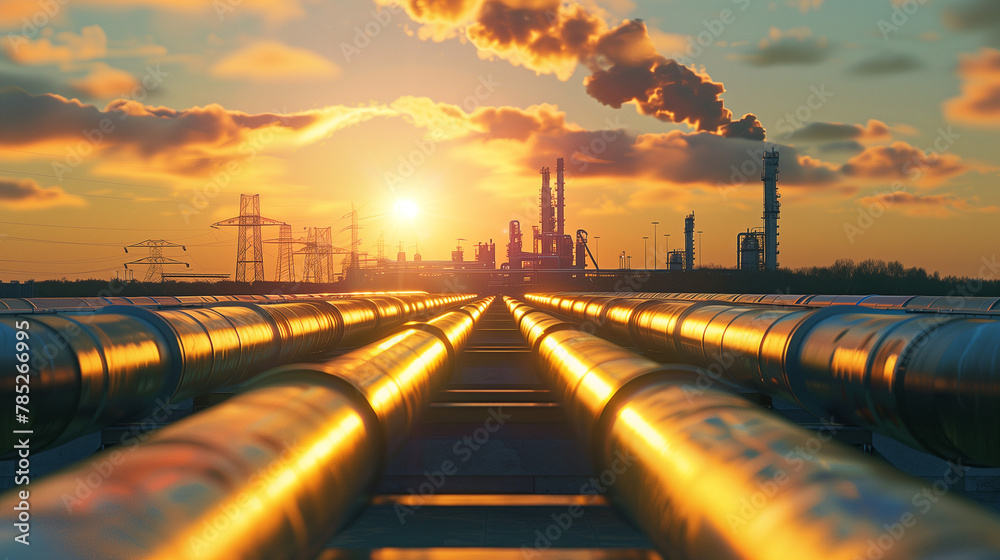 Oil and gas industry, oil production plant with pipes at sunset, Generative AI Oil and gas industry, oil production plant with pipes at sunset, Generative AI