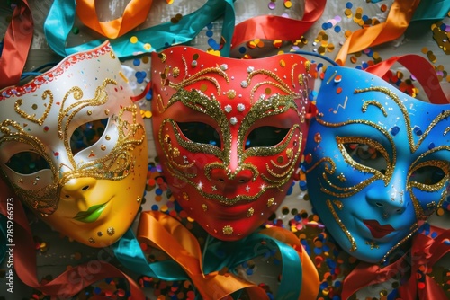 Vibrant carnival masks stacked on top of each other with colorful ribbons and decorations