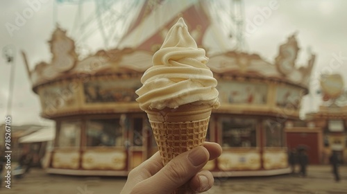 Hand holding a dripping vanilla ice cream cone with a vintage circus marquee in the soft-focus background.