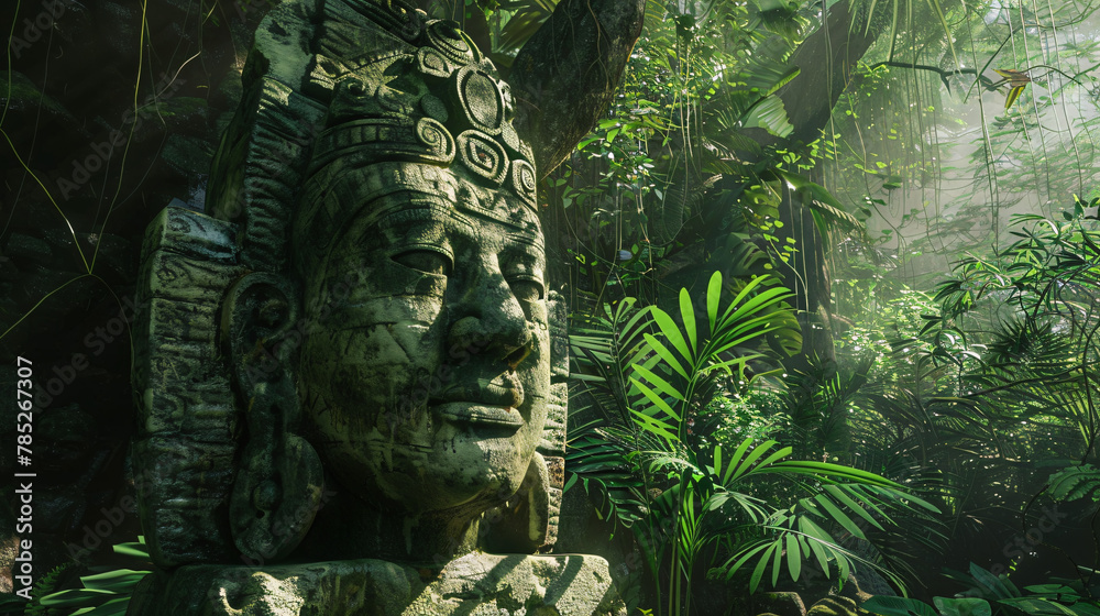 Ancient Statue in the jungle in a 3D animation