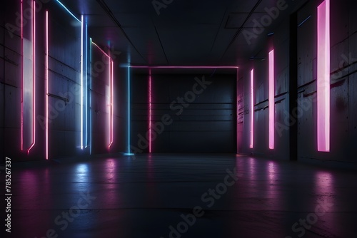 Modern Futuristic Sci Fi Concept Club Background Grunge Concrete Empty Dark Room With Neon Glowing Purple And Blue Pink Neon Lights 3D Rendering Generative AI