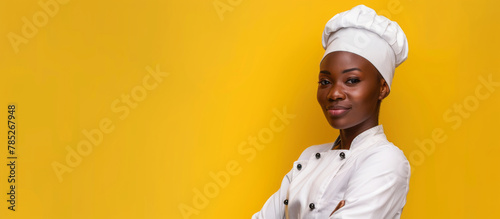 Portrait of a beautiful dark-skinned female cook, with empty space, the woman is positioned on the left side, empty space on the right side, background homogeneous