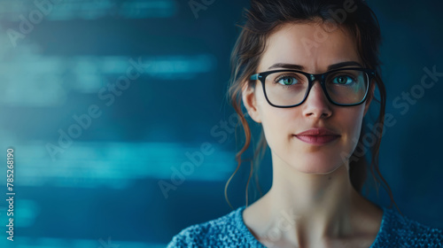 Portrait of a beautiful female programmer, with empty space, the woman is positioned on the left side photo
