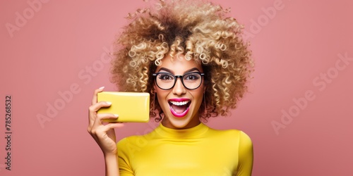 woman looking empty blank frame social media concept expression open mouth excited wearing sunglasses face portrait copy space photo background design happy photo