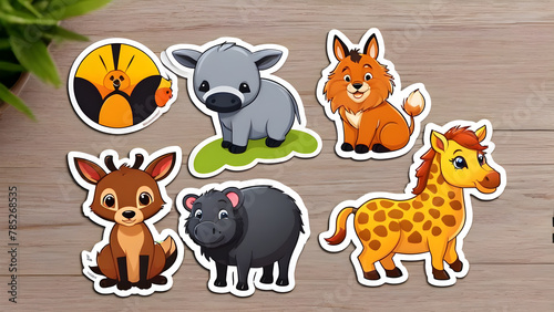  animals sticker woodden background
