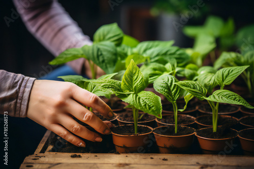 person planting tree. Woman gardener hand replanting home plants. Transplanting a houseplant into a new flower pot. Concept of home jungle and gardening. Taking care of home plants