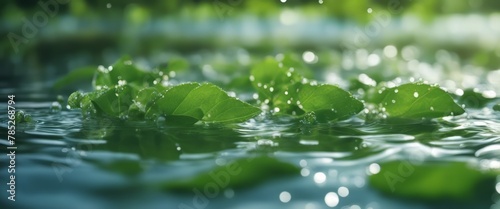 fresh green leaves with water drops over the water   relaxation with water ripple drops concept