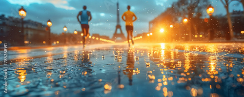 Two Olympic Athletes Are Running On Wet Asphalt In Paris, Sportsmen Jogging After Rain, Runner Or Games, To Have A Run In City © Polina Zait