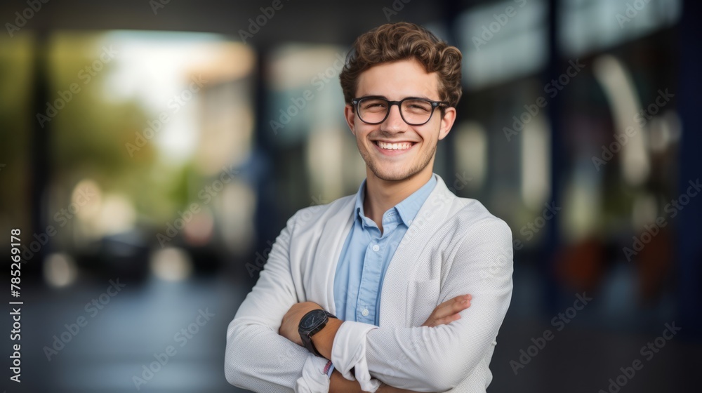 young student stands with folded arms in front of a building young student stands with folded arms in front of a building