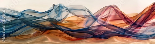 Abstract desert landscape with chart lines dancing in the sand dunes, swirling smoke in rich colors, telling stories of change and discovery in a new world. #785269125