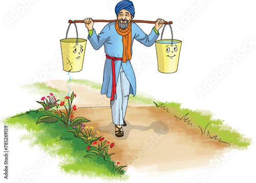 Peasant man carrying water with bucket.