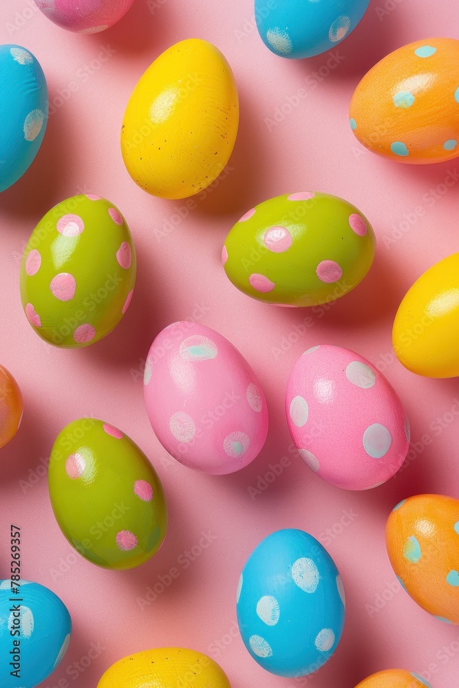 Bright and Cheerful Easter Eggs with Colorful Polka Dots on Pink Background, Top View Flat Lay