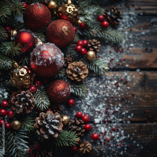 Christmas Decorations and Pine Cones on a Wooden Table