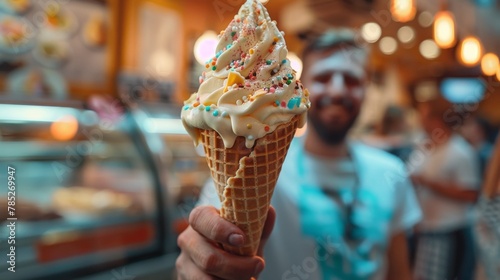 Hand holding a twisted soft serve ice cream, topped with sprinkles against a blurred fairground backdrop. Celebrating National Ice Cream Day