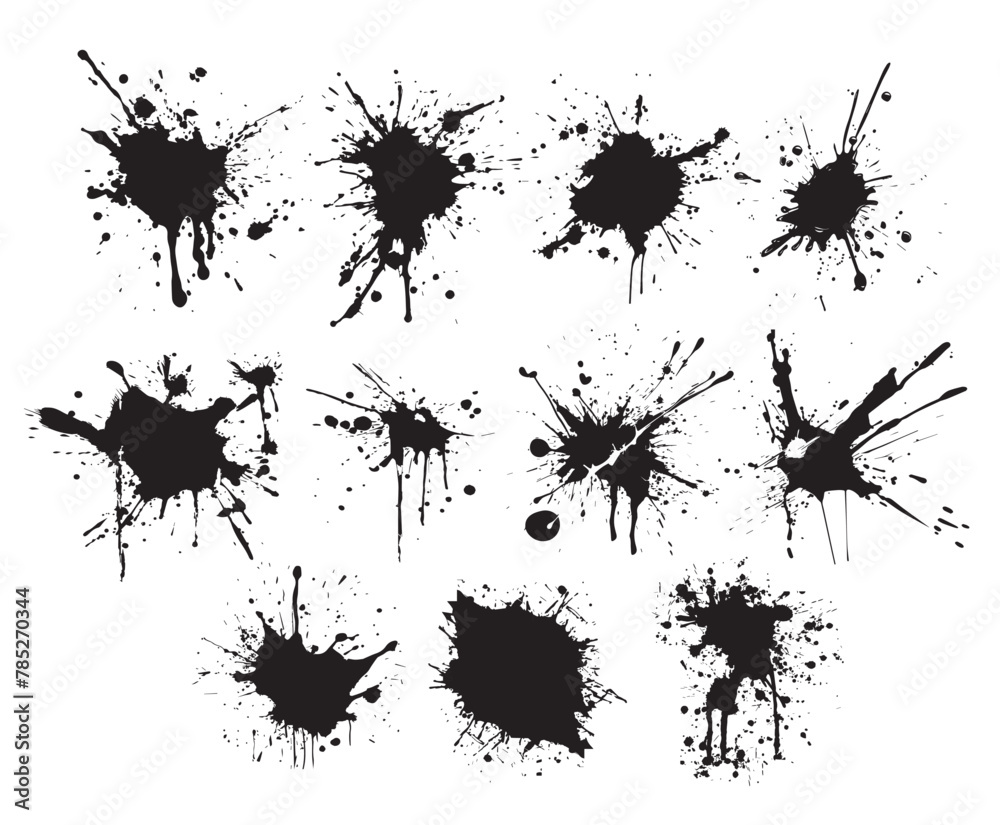 Vector set of silhouettes of black drops of ink splashes. Blot stains, splashes of liquid paint drops, ink splatters. Artistic dirty grunge abstract vector set Vector set of silhouettes of black drops of ink splashes. Blot stains, splashes of liquid paint drops, ink splatters. Artistic dirty grunge abstract vector set