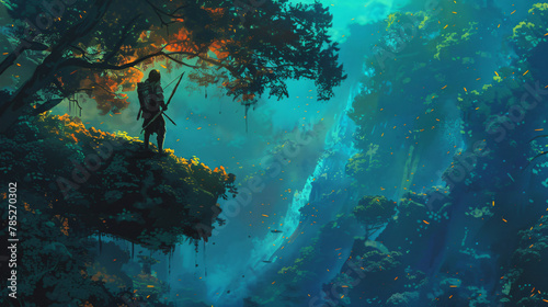 Archer standing on a tree in the fantasy forest digital art