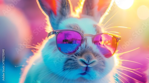 A rabbit with sunglasses on its head 