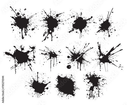 Vector set of silhouettes of black drops of ink splashes. Blot stains  splashes of liquid paint drops  ink splatters. Artistic dirty grunge abstract vector set