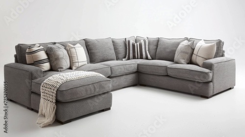 A gray sectional sofa with pillows and a blanket on it © Yana