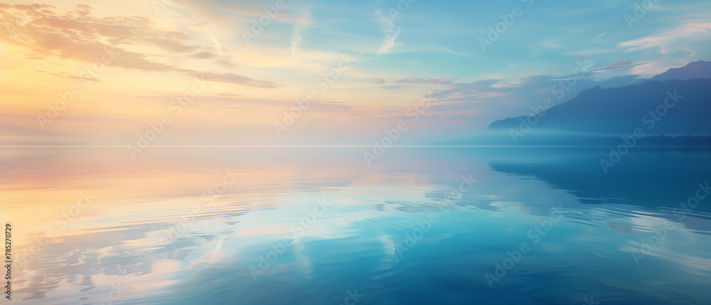Tranquil Dawn at the Lake: Ethereal Reflections and Soft Pastel Sky in a Serene Landscape
