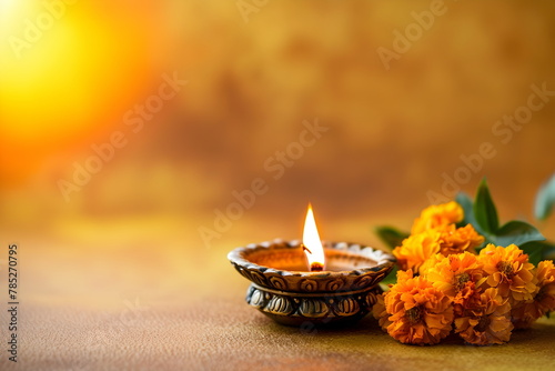 Traditional indian burning lamp and orange flowers. Ethnic decorations for Indian festival of lights Diwali and Pongal. Ugadi, Gudi Padwa. Hindu New Year. Religion concept with copy space photo