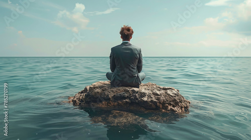 A businessman sits on a stone in the middle of the sea. photo