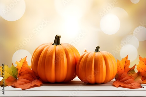 Pumpkins on a wooden board with an orange bokeh background space for text created with generative ai