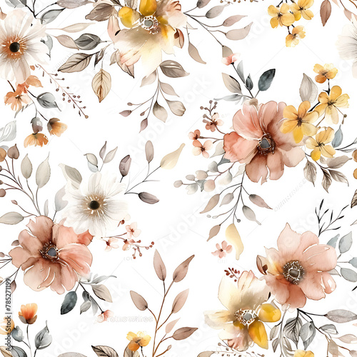 Repeating floral pattern for design and decoration featuring flowers, leaves and nature-inspired elements