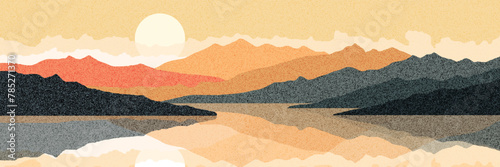Mountain lake at sunrise, morning light and sun, scenic reflection, vector illustration