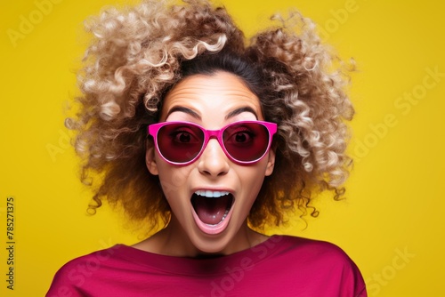 Photo of A woman holding up an empty frame with space for text on violet background, excited expression, wearing sunglasses and yellow dress © GalleryGlider