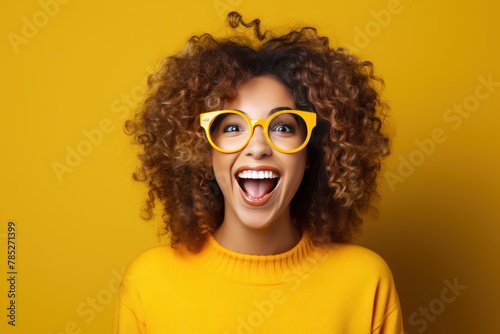 Photo of A woman holding up an empty frame with space for text on violet background, excited expression, wearing sunglasses and yellow dress