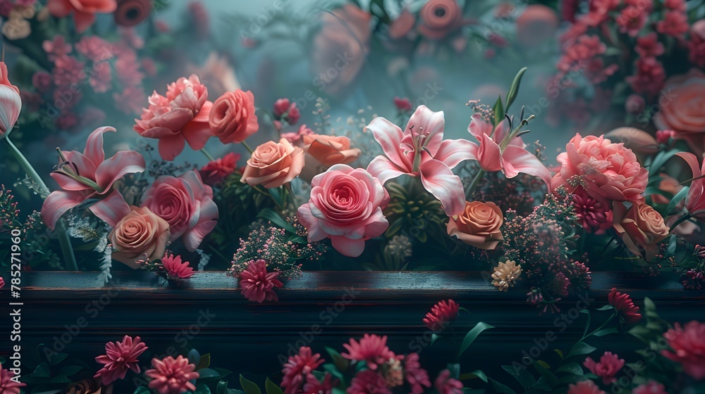 A lovely dark wood coffin adorned with roses, lilies, and carnations creates a lush display. Shot up close, the image captures intricate details, enhanced by soft, diffused light for a warm atmosphere A lovely dark wood coffin adorned with roses, lilies, and carnations creates a lush display. Shot up close, the image captures intricate details, enhanced by soft, diffused light for a warm atmosphere