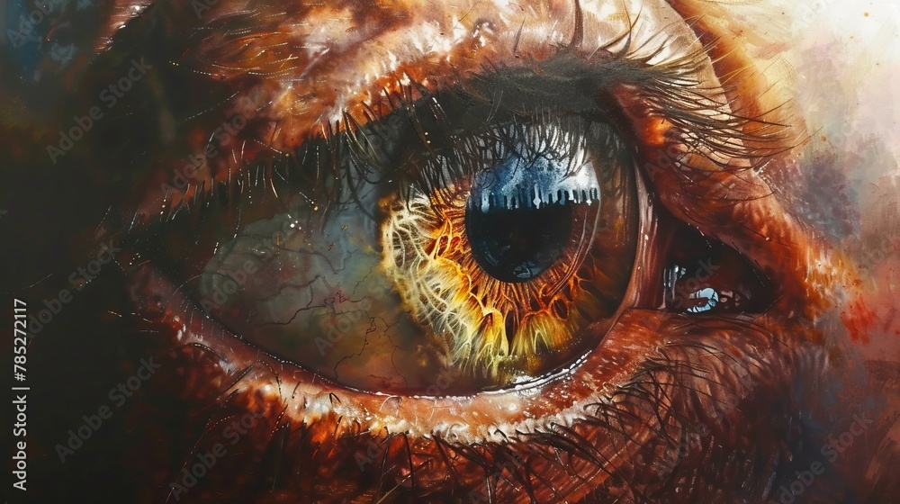 An eye with bright yellow iris and red sclera. An eye with bright yellow iris and red sclera.
