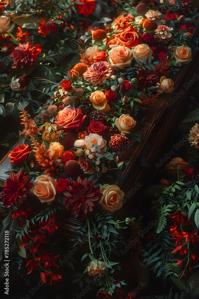 Fototapeta premium A lovely dark wood coffin adorned with roses, lilies, and carnations creates a lush display. Shot up close, the image captures intricate details, enhanced by soft, diffused light for a warm atmosphere