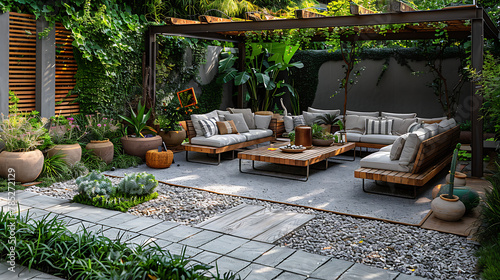 Photo de terrasse de maison avec jardin, chaises et tables