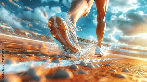 A runner's foot is shown in mid-stride. The runner is wearing white shoes and is running on a track. The track is made of orange material and has white lines marking the lanes. The runner is running i photo