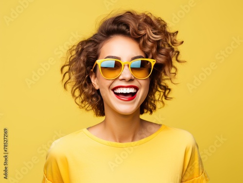 Photo of A woman holding up an empty frame with space for text on red background, excited expression, wearing sunglasses and yellow dress. Web banner 