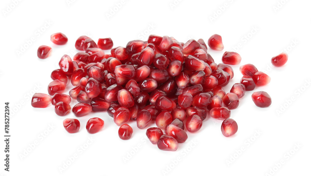 Pile of tasty pomegranate grains isolated on white Pile of tasty pomegranate grains isolated on white