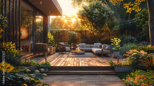 Photo de terrasse de maison avec jardin, chaises et tables photo