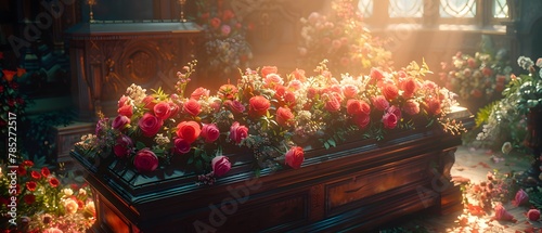 A lovely dark wood coffin adorned with roses, lilies, and carnations creates a lush display. Shot up close, the image captures intricate details, enhanced by soft, diffused light for a warm atmosphere