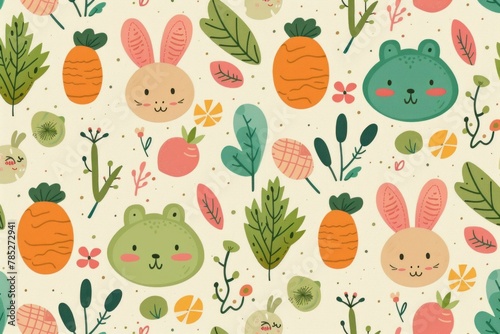Seamless pattern with adorable rabbits, carrots and leaves on a soft beige background, perfect for spring and Easter designs