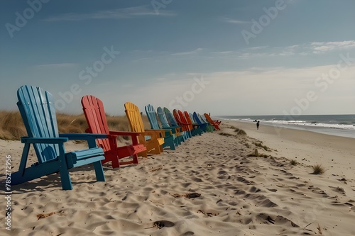 A row of vibrant beach chairs lines a bright stretch of beach.Sankt Peter-Ording, Schleswig-Holstein, Germany, at sunrise on a sandy beach with beach chairs