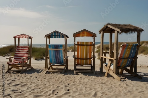 A row of vibrant beach chairs lines a bright stretch of beach.Sankt Peter-Ording, Schleswig-Holstein, Germany, at sunrise on a sandy beach with beach chairs    © Baloch Arts