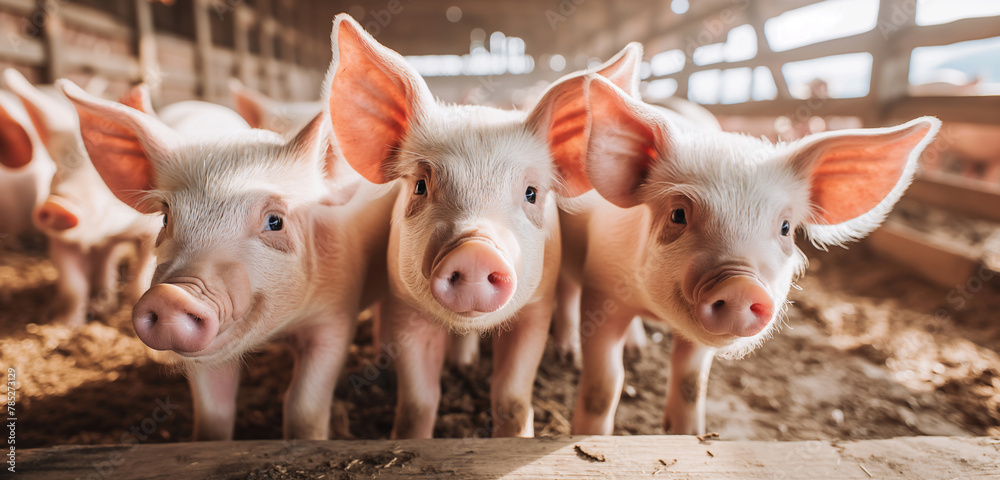 Piglets in a barn looking curious. Indoor group pig portrait with natural light. Livestock farming and animal husbandry concept. Agriculture and rural life scene. Piglets in a barn looking curious. Indoor group pig portrait with natural light. Livestock farming and animal husbandry concept. Agriculture and rural life scene.
