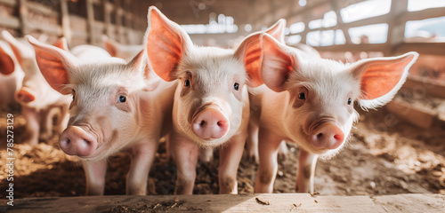 Piglets in a barn looking curious. Indoor group pig portrait with natural light. Livestock farming and animal husbandry concept. Agriculture and rural life scene. © NeuroCake