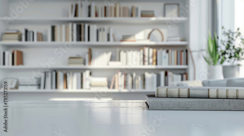 White table with books over a blurred modern white study room in the background © standret