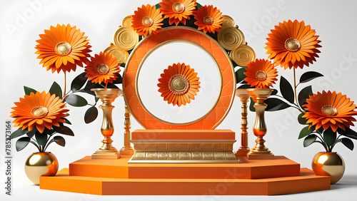 cultural celebration oreange color and 3d podium with flower decoration. blank cosmetics store presentation. showcase stand, fashion background, flowers, festivals, Asian elements, weddings, marriage photo