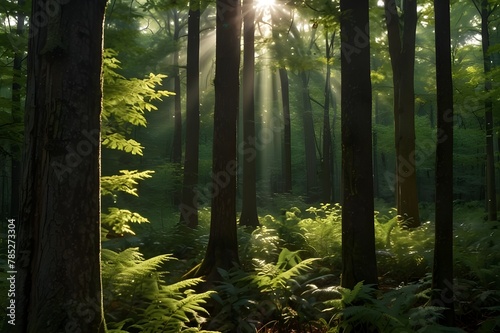 elegance Explore the hidden treasures of a deep forest where towering trees create an emerald green canopy in this morning s nature artwork of a woodland at daybreak. Sunlight filters through the foli